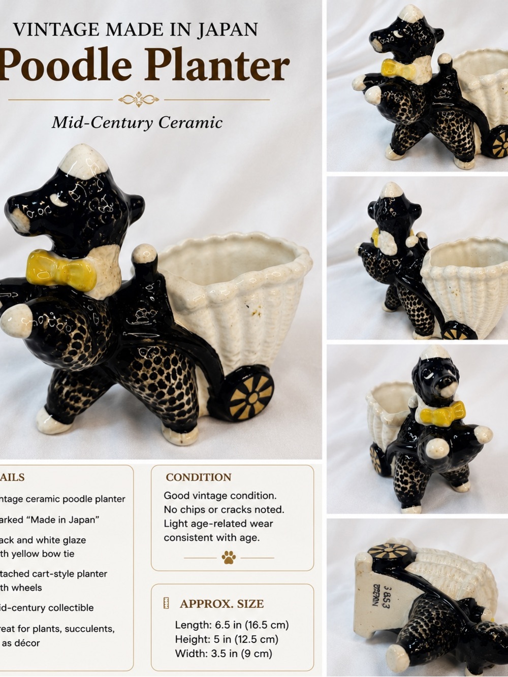 Vintage Black & White Ceramic Poodle Planter with Yellow Bow